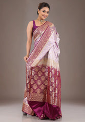 Purple with Magenta Border Pastel Banarasi Saree With Blouse Piece - Adi Akshoy & Co.