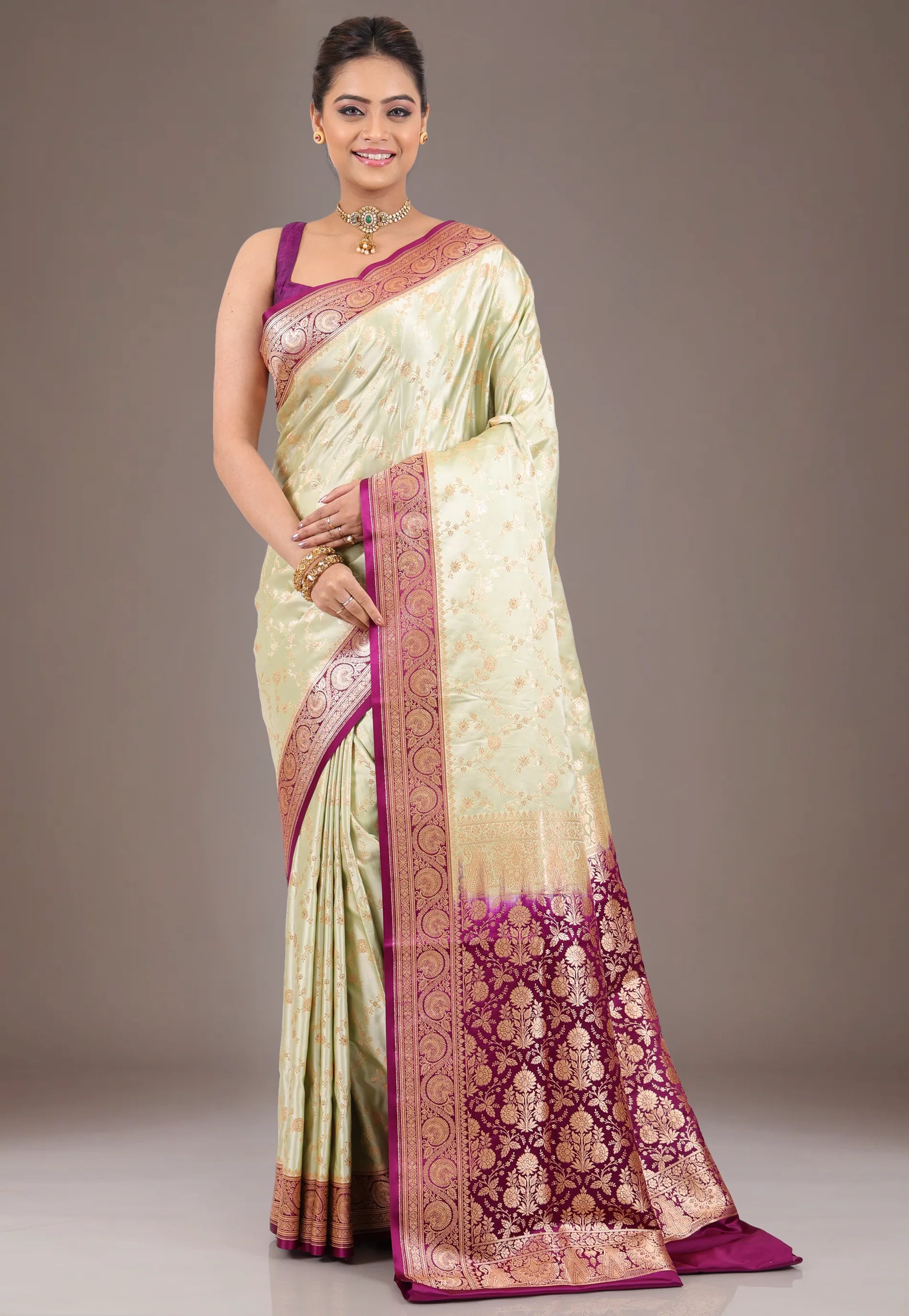 Lime Green with Magenta Border Pastel Banarasi Saree With Blouse Piece - Adi Akshoy & Co.