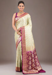 Lime Green with Magenta Border Pastel Banarasi Saree With Blouse Piece - Adi Akshoy & Co.