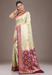 Lime Green with Magenta Border Pastel Banarasi Saree With Blouse Piece - Adi Akshoy & Co.