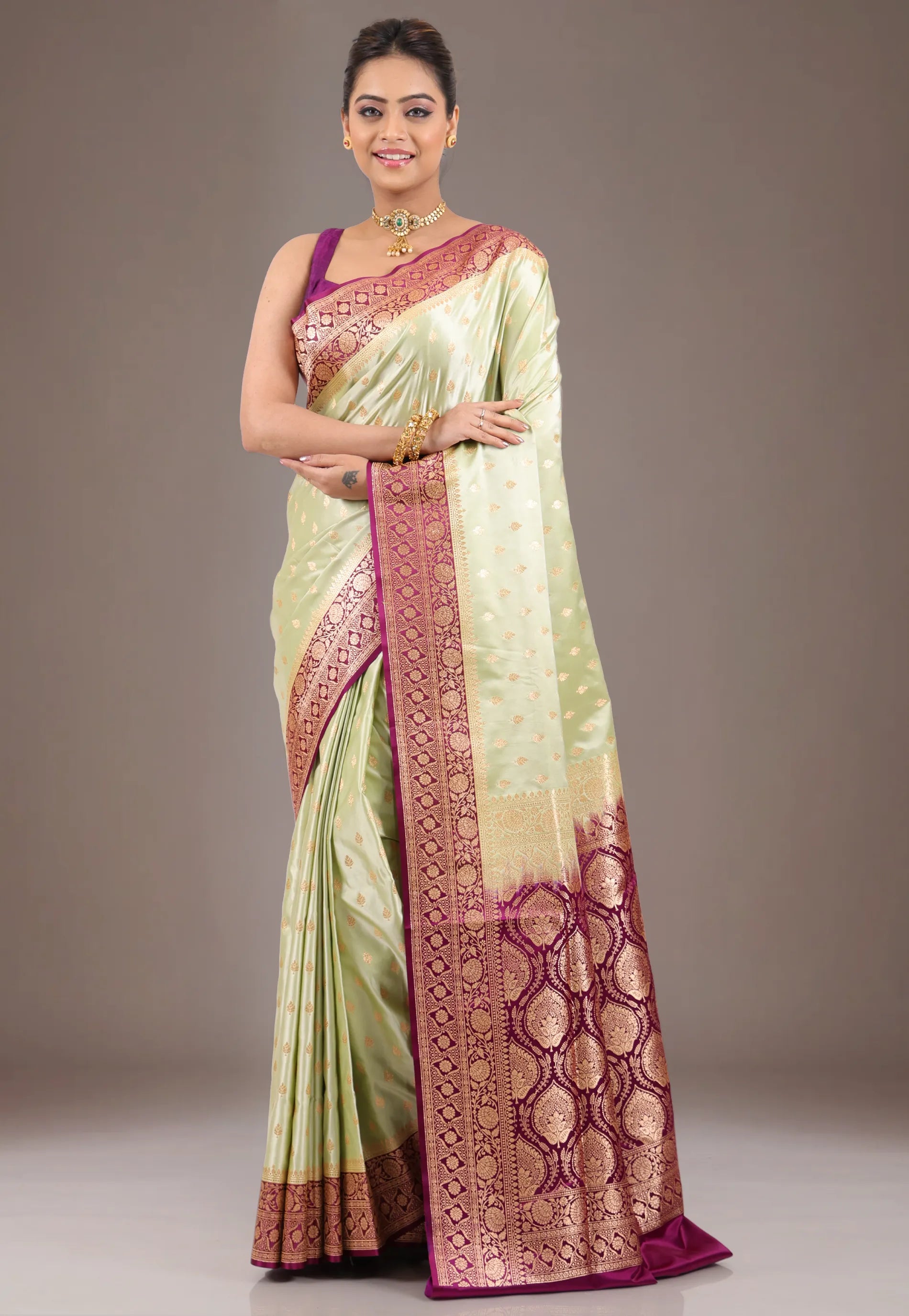 Lime Green with Magenta Border Pastel Banarasi Saree With Blouse Piece - Adi Akshoy & Co.