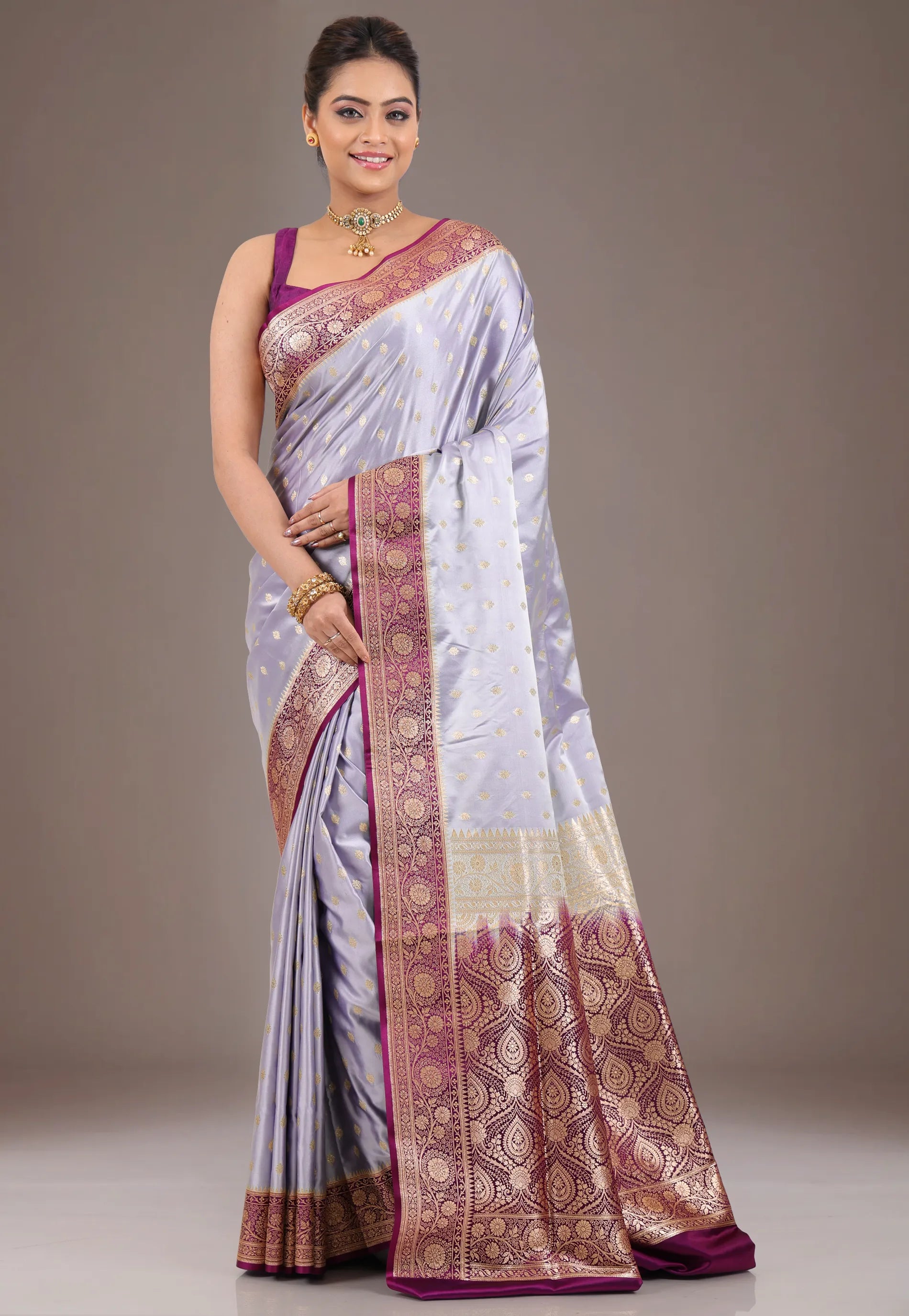 Icy Blue with Magenta Border Pastel Banarasi Saree With Blouse Piece - Adi Akshoy & Co.