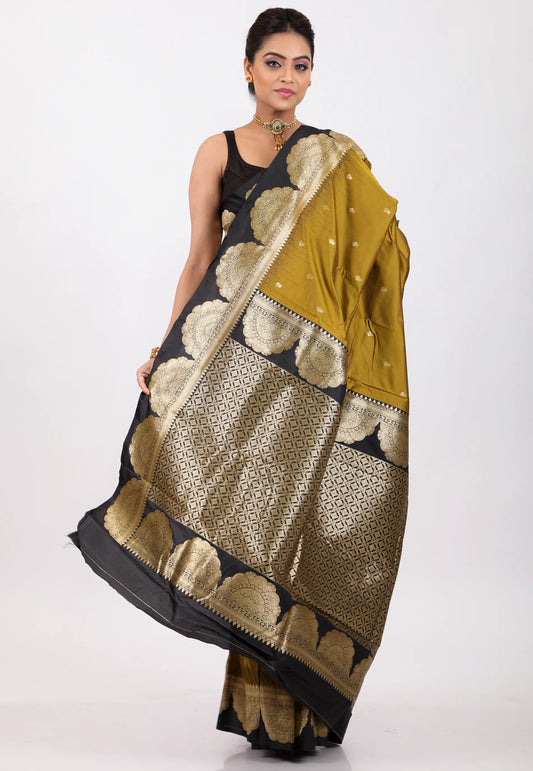 Mustard with Black Border Kanjivaram Silk Saree With Blouse Piece - Adi Akshoy & Co.