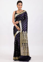 Deep Navy Blue with Zari work Wedding Banarasi Saree with Blouse Piece - Adi Akshoy & Co.