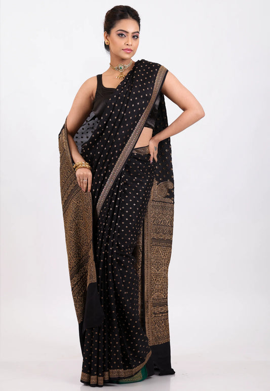 Black with Zari work Khaddi Georgette Benarasi Saree with Blouse Piece - Adi Akshoy & Co.