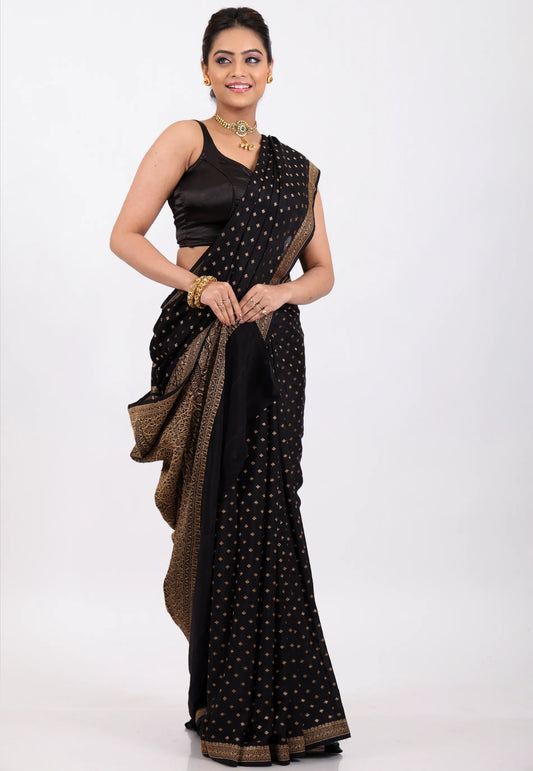 Black with Zari work Khaddi Georgette Benarasi Saree with Blouse Piece - Adi Akshoy & Co.