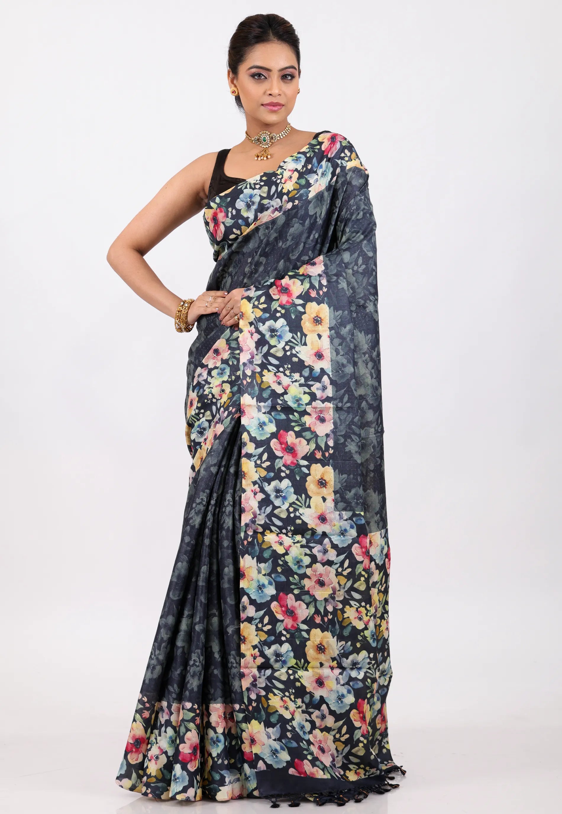 Floral Grey & Black Pure Tussar Silk Saree with Blouse Piece - Adi Akshoy & Co.
