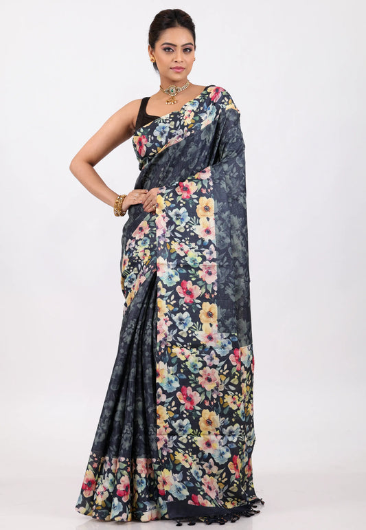 Floral Grey & Black Pure Tussar Silk Saree with Blouse Piece - Adi Akshoy & Co.
