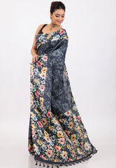 Floral Grey & Black Pure Tussar Silk Saree with Blouse Piece - Adi Akshoy & Co.