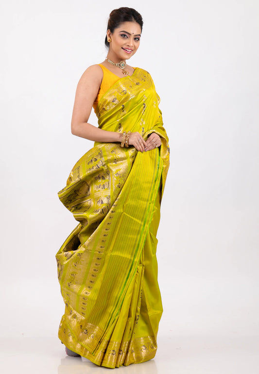 Lime Green Pure Baluchari Silk Saree with Blouse Piece - Adi Akshoy & Co.