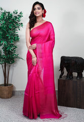 Rani Pink  Matka with sequence Border Kora Handloom Pure Silk Saree With Blouse Piece