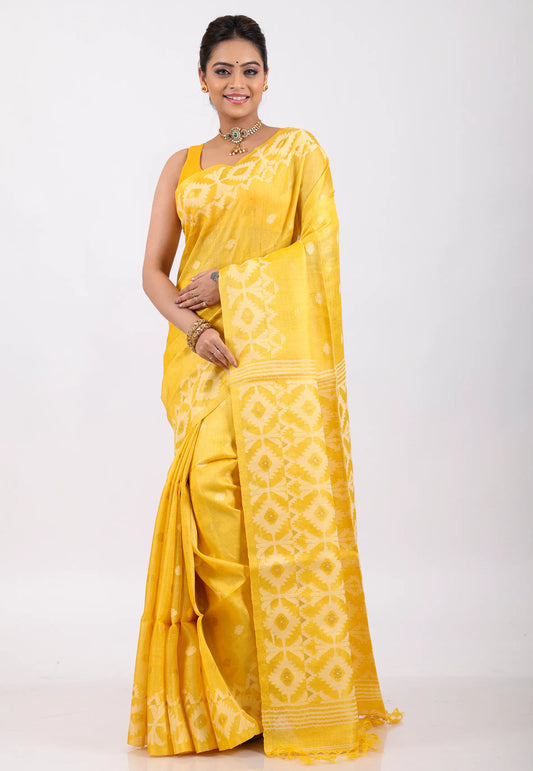 Yellow Pure Tussar Dhakai Jamdani Saree with Blouse Piece - Adi Akshoy & Co.