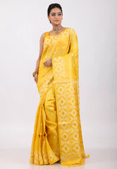 Yellow Pure Tussar Dhakai Jamdani Saree with Blouse Piece - Adi Akshoy & Co.