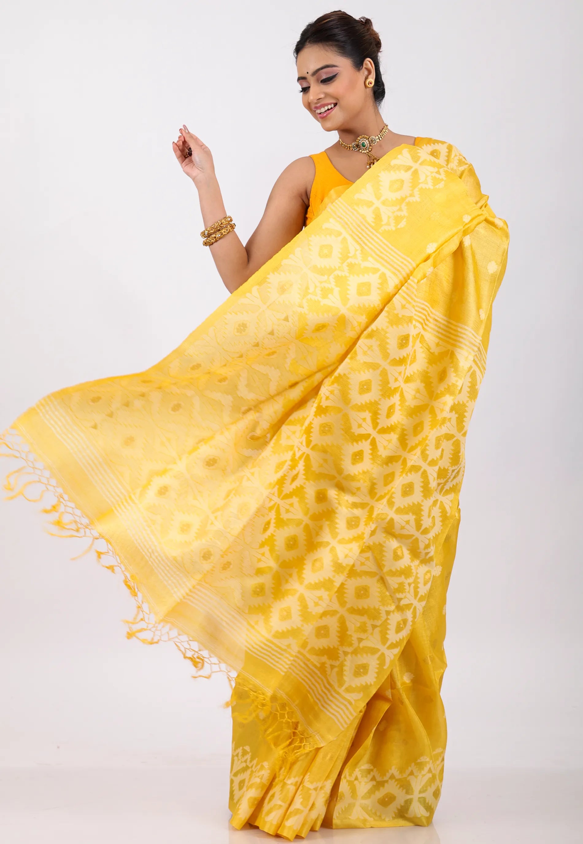 Yellow Pure Tussar Dhakai Jamdani Saree with Blouse Piece - Adi Akshoy & Co.
