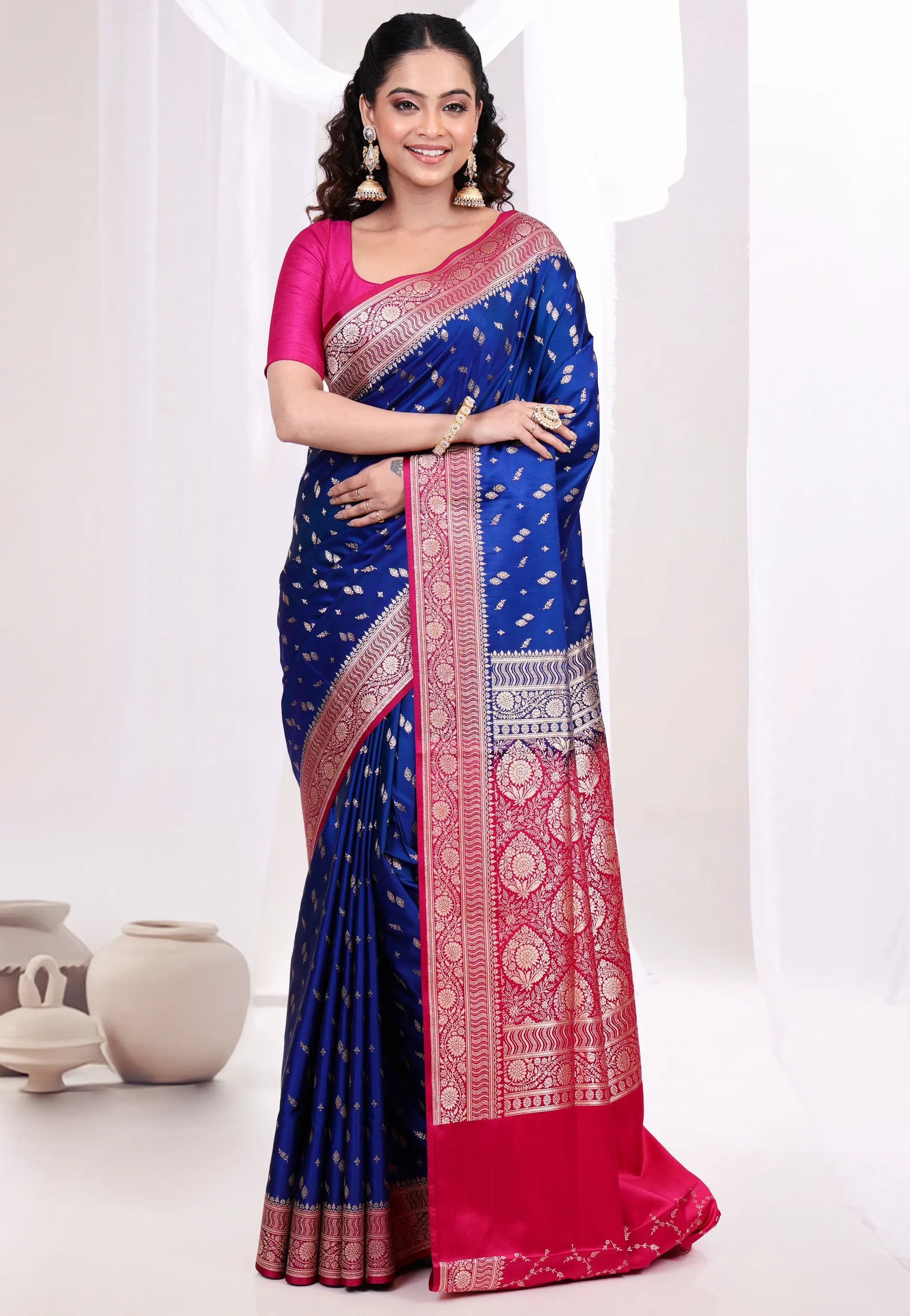 Royal Blue Wedding Banarasi Silk Saree with Blouse Piece - Adi Akshoy & Co.