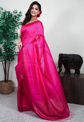 Rani Pink  Matka with sequence Border Kora Handloom Pure Silk Saree With Blouse Piece