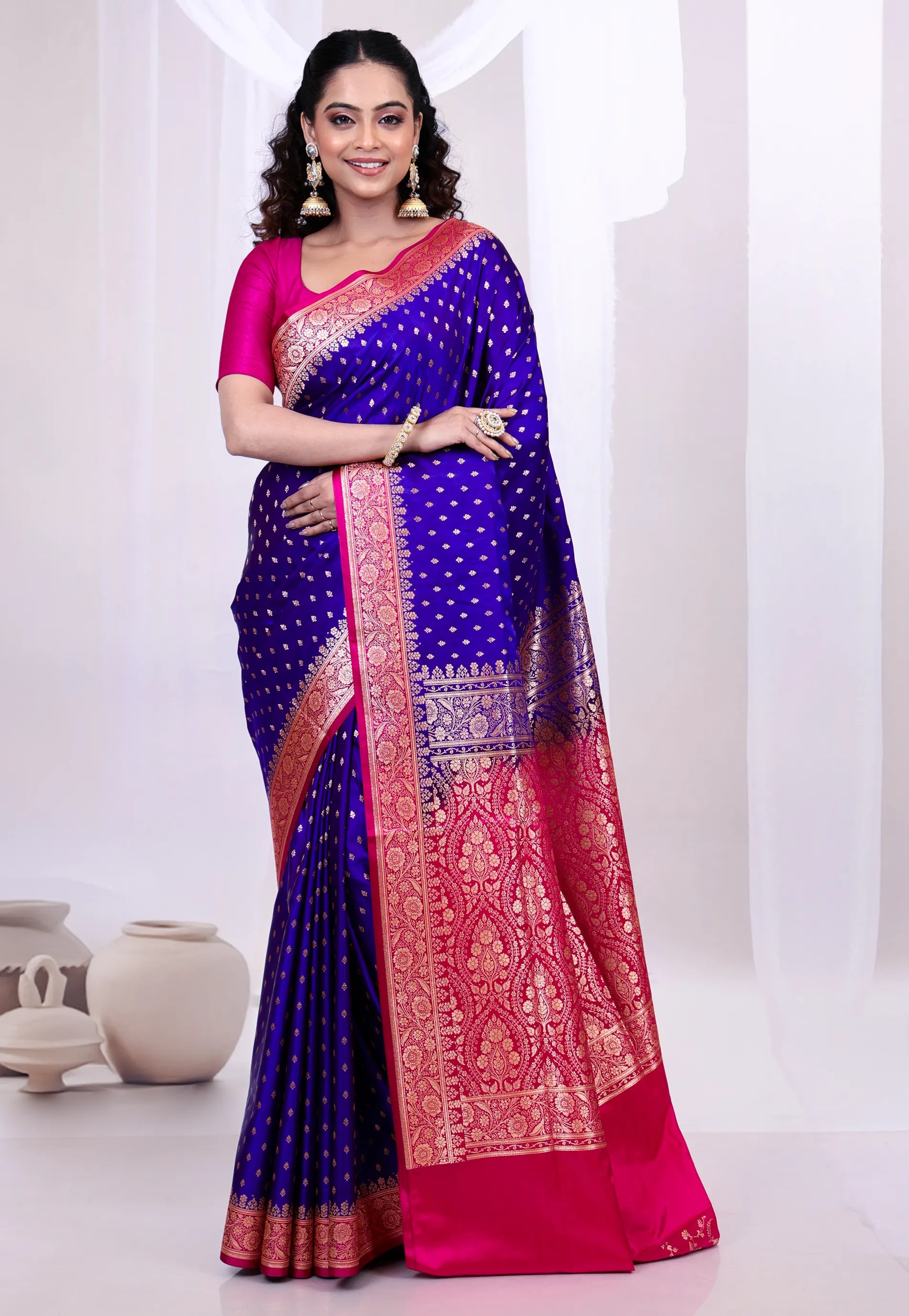 Navy Blue Wedding Banarasi Silk Saree with Blouse Piece - Adi Akshoy & Co.