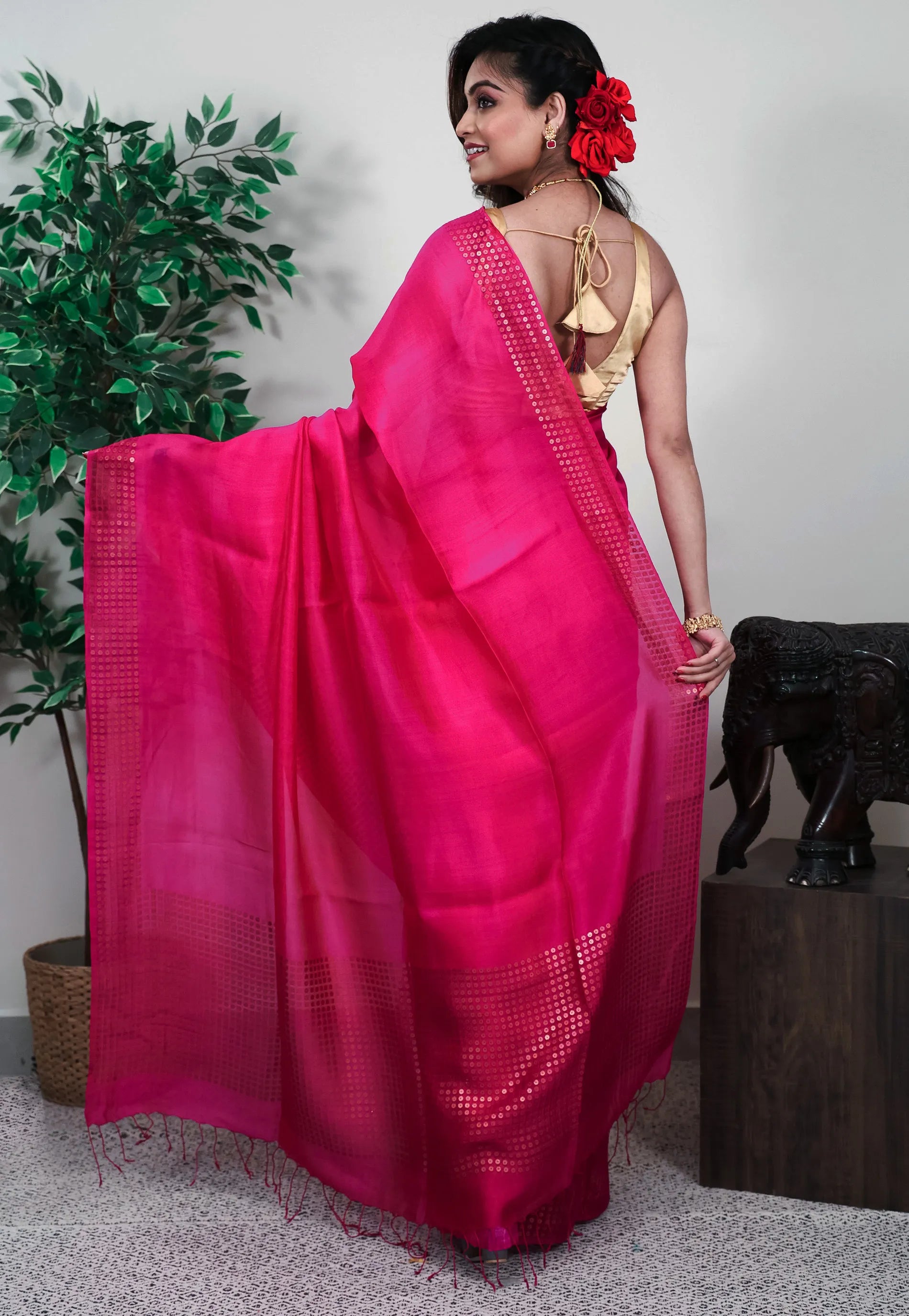 Rani Pink  Matka with sequence Border Kora Handloom Pure Silk Saree With Blouse Piece