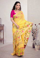 Yellow Tussar Silk Saree with Blouse Piece - Adi Akshoy & Co.