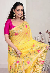 Yellow Tussar Silk Saree with Blouse Piece - Adi Akshoy & Co.