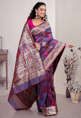 Dual Tone of Purple & Rani Baluchari Silk Saree with Blouse Piece - Adi Akshoy & Co.