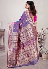 Dual Tone of Purple & Rani Baluchari Silk Saree with Blouse Piece - Adi Akshoy & Co.
