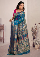 Rama Green Baluchari Silk Saree with Blouse Piece - Adi Akshoy & Co.