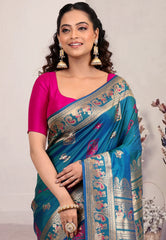 Rama Green Baluchari Silk Saree with Blouse Piece - Adi Akshoy & Co.