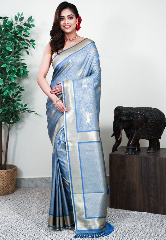 Dusty Blue Mashru Silk Saree with Blouse Piece