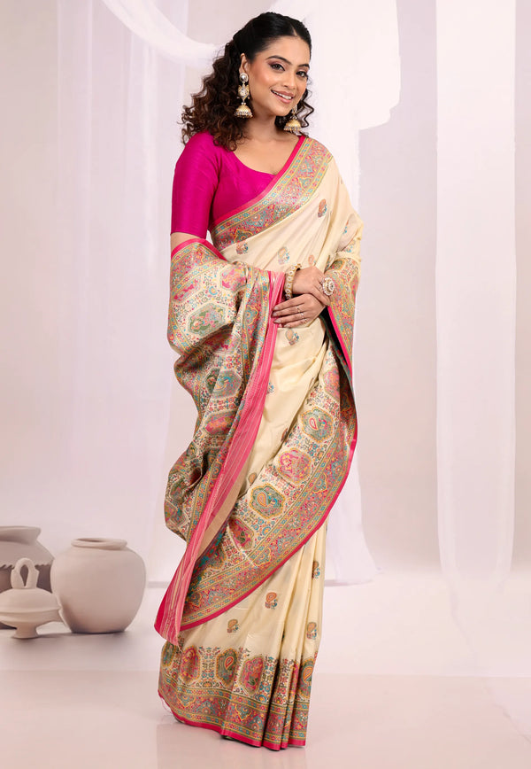 Beige Kani Silk Saree with Blouse Piece - Adi Akshoy & Co.