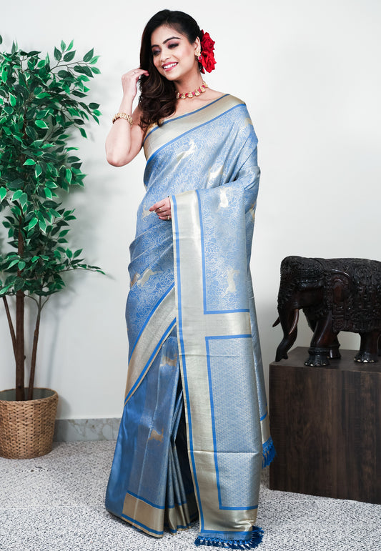 Dusty Blue Mashru Silk Saree with Blouse Piece