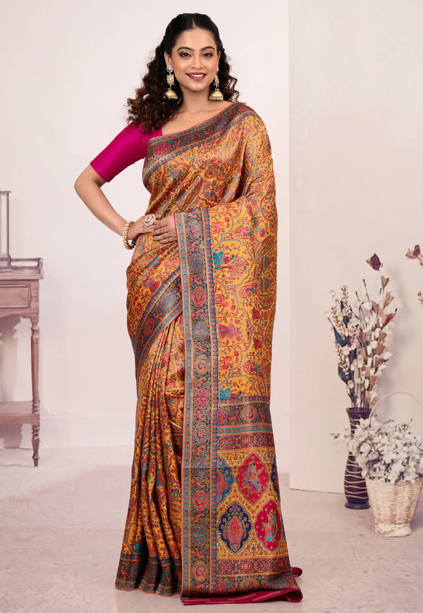 Mustard Yellow Kani Silk Saree With Blouse Piece - Adi Akshoy & Co.