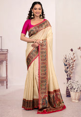 Beige Kani Silk Saree With Blouse Piece - Adi Akshoy & Co.