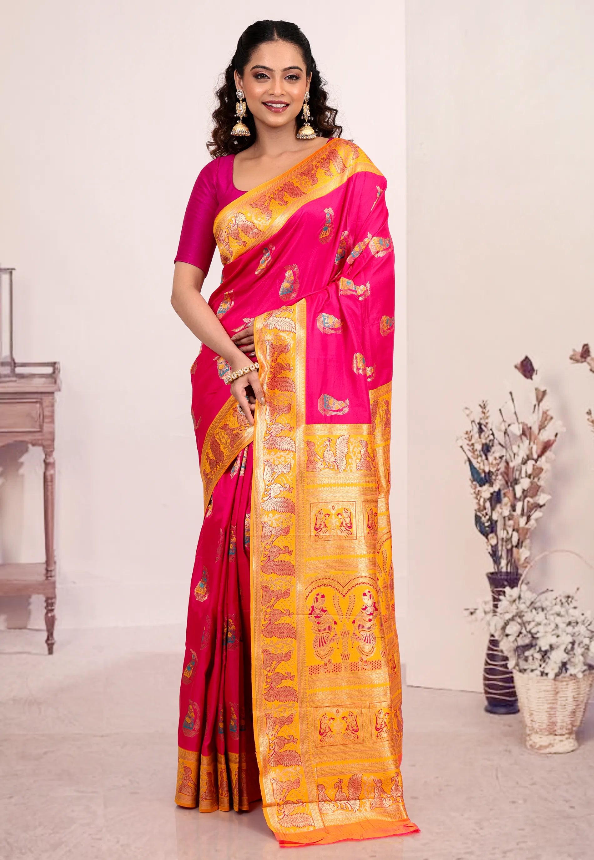 Rani Pink Baluchari Silk Saree with Blouse Piece - Adi Akshoy & Co.