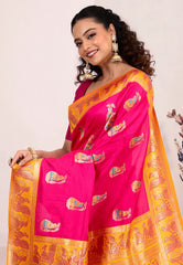 Rani Pink Baluchari Silk Saree with Blouse Piece - Adi Akshoy & Co.