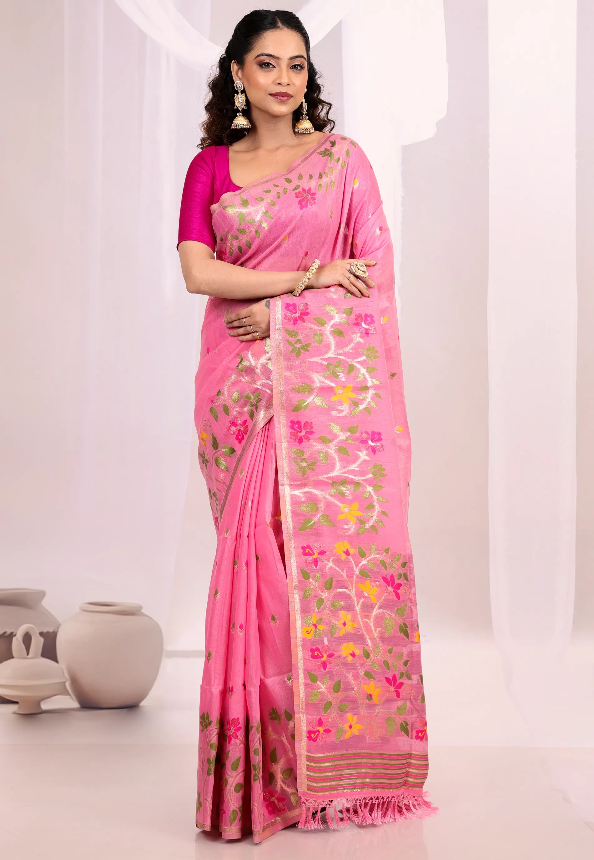 Pink Tussar Silk Saree with Blouse Piece - Adi Akshoy & Co.