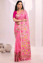 Pink Tussar Silk Saree with Blouse Piece - Adi Akshoy & Co.