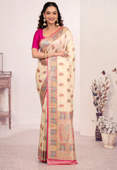 Beige Kani Silk Saree With Blouse Piece - Adi Akshoy & Co.