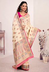 Beige Kani Silk Saree With Blouse Piece - Adi Akshoy & Co.