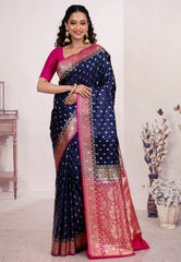 Navy Blue Wedding Banarasi Silk Saree with Blouse Piece - Adi Akshoy & Co.