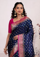 Navy Blue Wedding Banarasi Silk Saree with Blouse Piece - Adi Akshoy & Co.