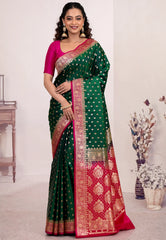 Bottle Green Wedding Banarasi Silk Saree with Blouse Piece - Adi Akshoy & Co.