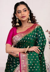 Bottle Green Wedding Banarasi Silk Saree with Blouse Piece - Adi Akshoy & Co.