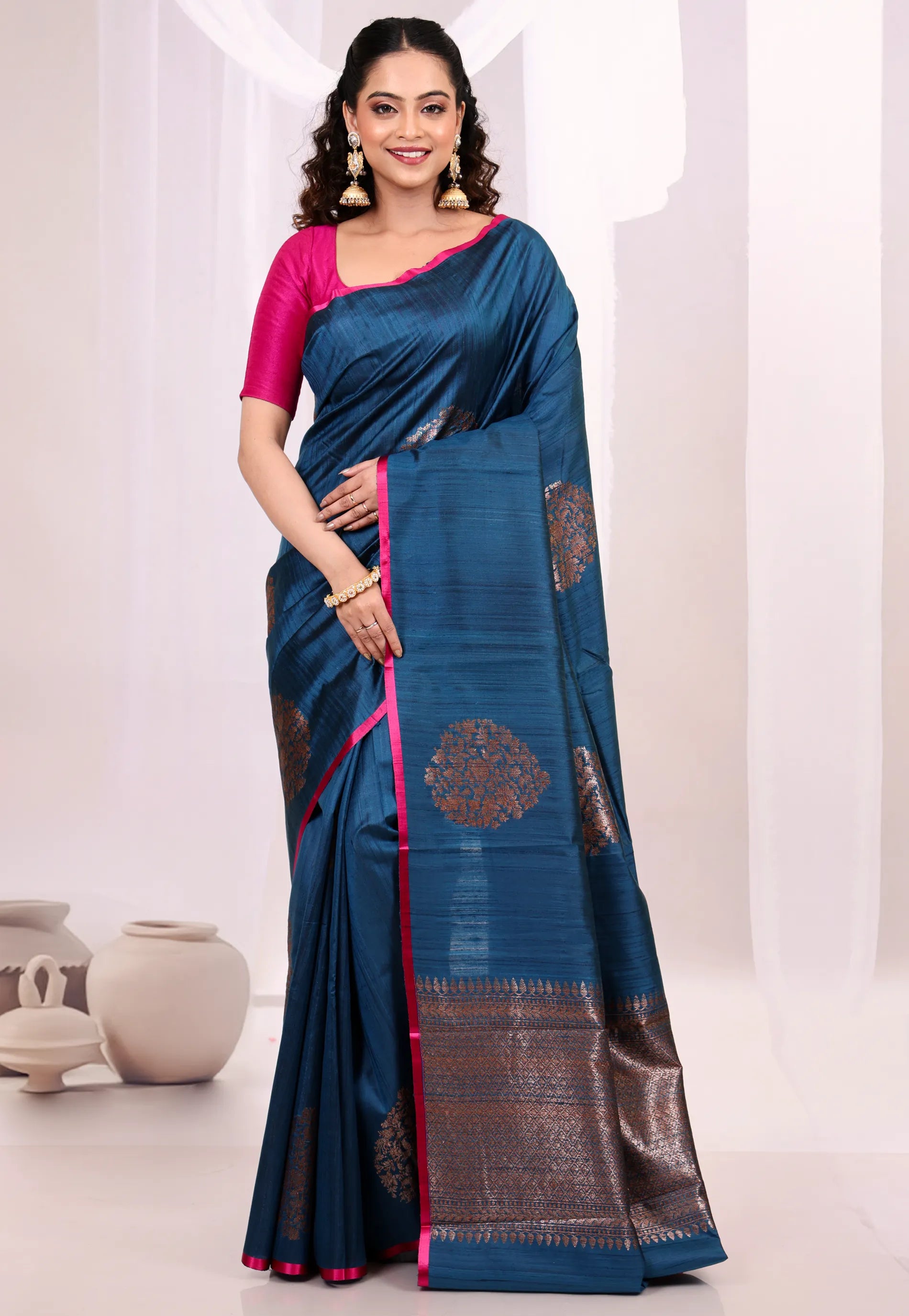 Navy Blue Pure Tussar Silk Saree with Blouse Piece - Adi Akshoy & Co.
