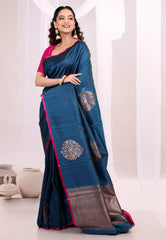 Navy Blue Pure Tussar Silk Saree with Blouse Piece - Adi Akshoy & Co.