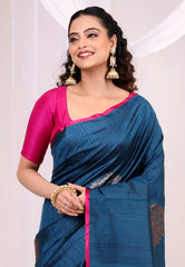 Navy Blue Pure Tussar Silk Saree with Blouse Piece - Adi Akshoy & Co.