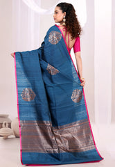 Navy Blue Pure Tussar Silk Saree with Blouse Piece - Adi Akshoy & Co.
