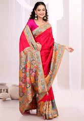 Red Kani Silk Saree With Blouse Piece - Adi Akshoy & Co.