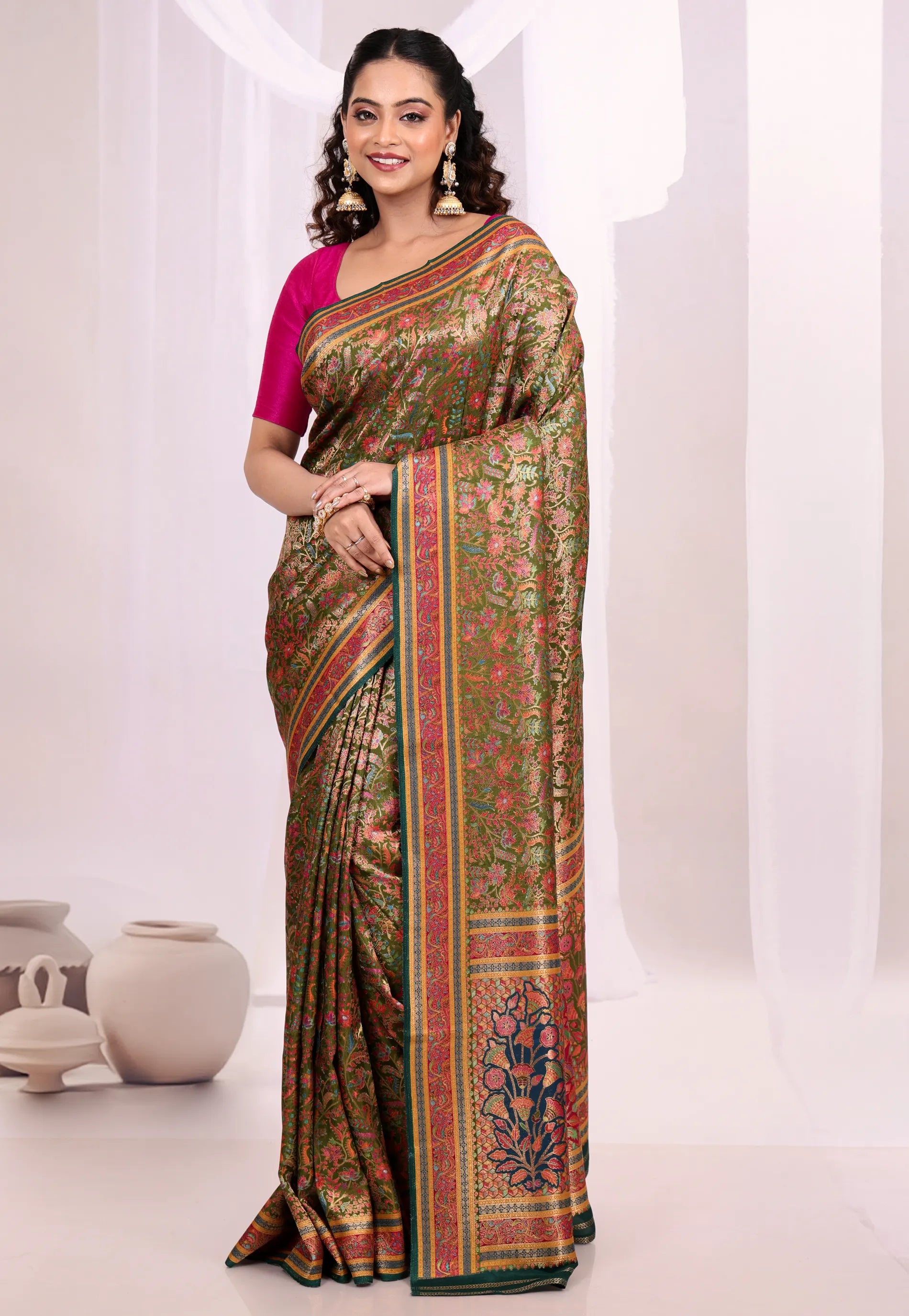 Rama Green Kani Silk Saree With Blouse Piece - Adi Akshoy & Co.