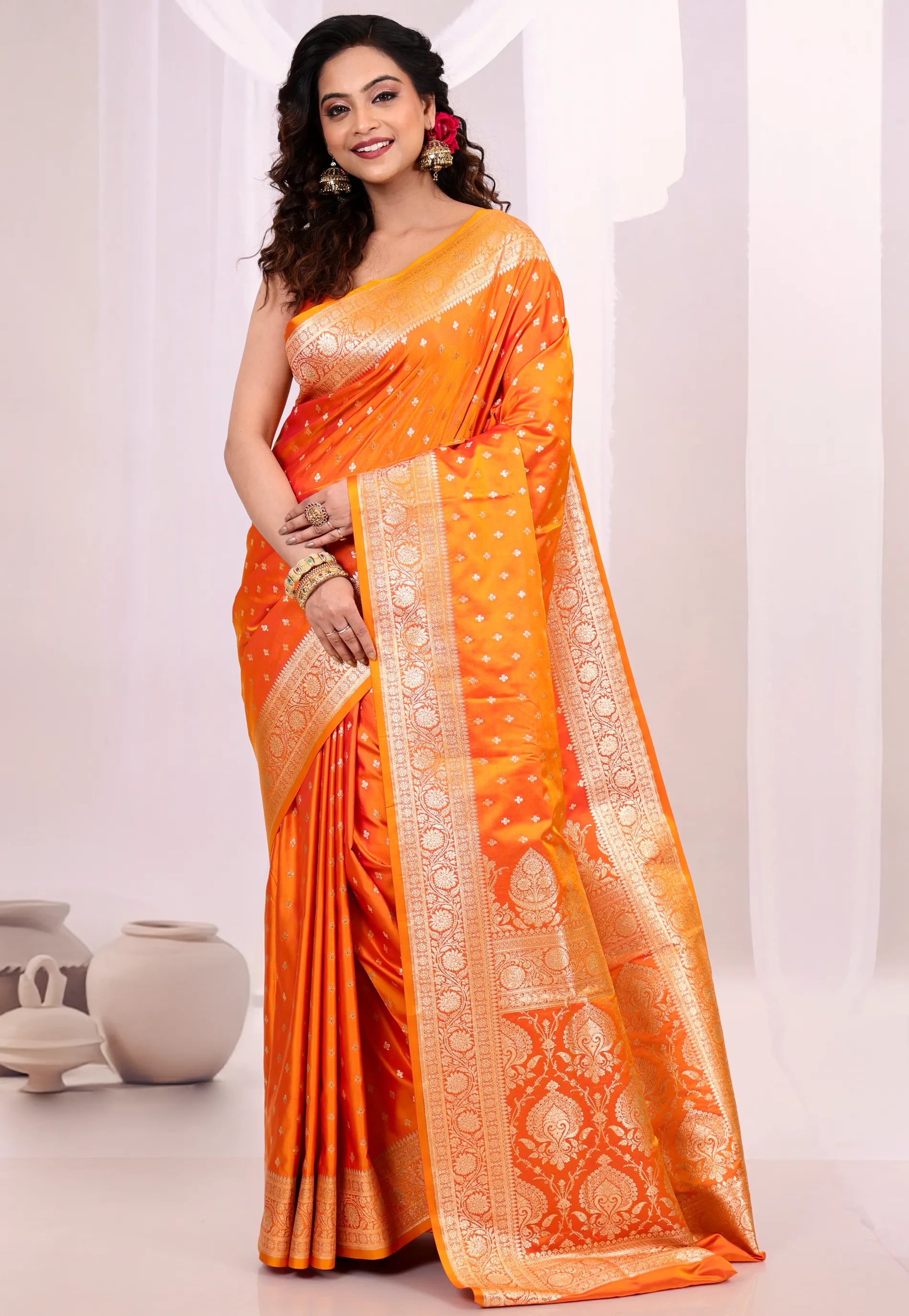 Orange Wedding Banarasi Silk Saree with Blouse Piece - Adi Akshoy & Co.